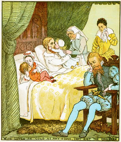 Mit Lippen so kalt wie Stein küssen sie die kleinen Kinder, Illustration für Babes in the Wood, 1885 von Randolph Caldecott